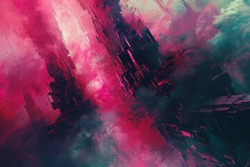 An abstract painting featuring vibrant pink and green colors, creating a dynamic and visually striking composition, Dystopian future world illustrated through abstract digital art, AI Generated