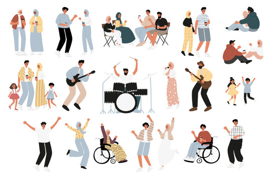 Summer open-air festival set, music concert in park clipart, singer and musicians playing instruments on stage, people dancing, enjoying food and drink, having fun vector illustrations