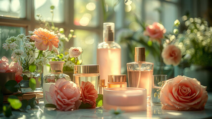 An assortment of cosmetics, skincare and perfumes elegantly displayed on the dressing table