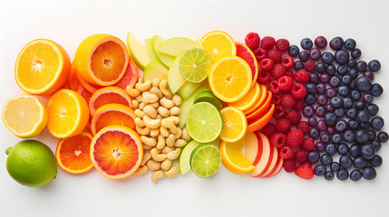 Assorted Fresh Fruits and Nuts on a White Background