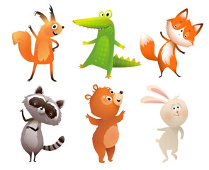 Cute happy zoo animals collection isolated clipart for children. Bear squirrel crocodile bunny fox and raccoon happy colorful animal characters for kids. Funny vector cartoon illustration clipart set.