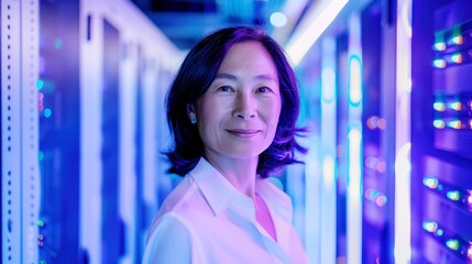 asian female technician businesswoman engineer portrait in a data center, network server room security and information technology concept
