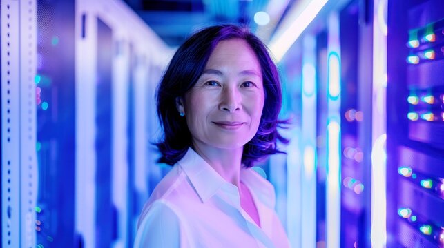 asian female technician businesswoman engineer portrait in a data center, network server room security and information technology concept