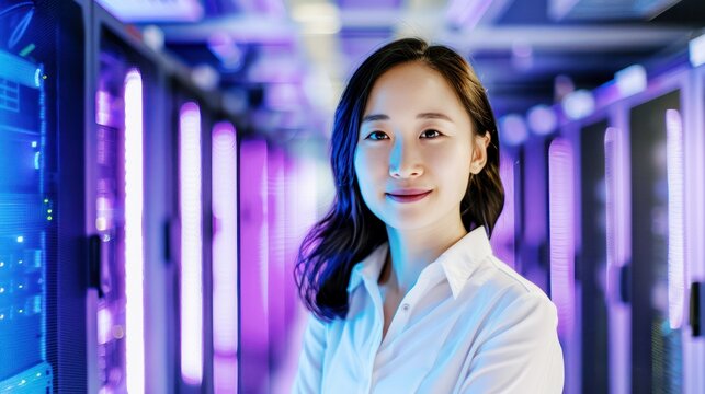 young asian female technician engineer woman portrait in a data center, network server room security and information technology concept