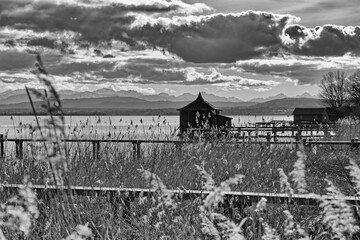 Lake Ammersee and the Bavarian Mountains, reeds and boathouses, black and white photo, Alps, Bavaria, Germany, Europe