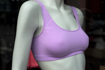 Closeup of pink fitness bra on mannequin in fashion store showroom - 740852576