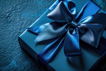 Blue Elegance: High-Angle View Monochrome Close-Up of Luxury Gift Box with Bow. Perfect for Fathers Day, Valentines Day, Birthdays, and Corporate Gifting.