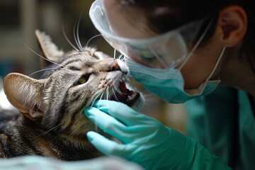 A home dentist examines a cat's teeth at a veterinary clinic.