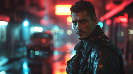Obraz premium Serious man in a leather coat.