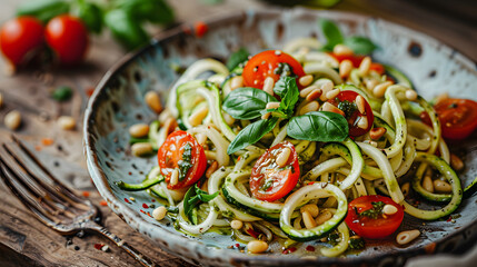 Fresh Zucchini Noodles Salad with Tomatoes and Pine Nuts - obrazy, fototapety, plakaty