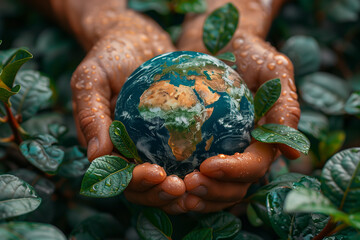 Eco-Friendly Sustainable Awareness: Earth Globe in Hands Against Green Leaves, Ideal for Environmental Awareness Backgrounds Like Earth Day or Rain Forests Protection.