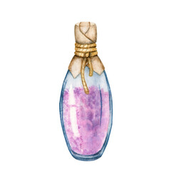 Watercolor hand drawn illustration of a glass bottle with rose salt isolated on a white background.