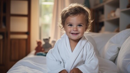 Portrait of a smiling happy little boy putting on a white terry-cloth robe after a bath on the bed in the bedroom.