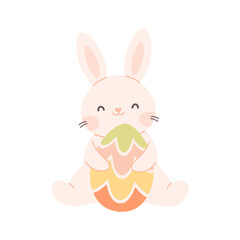 Cute white bunny with Easter egg. Happy Easter. Vector illustration in flat style