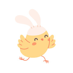 Cute little chicken with Rabbit ears. Easter chick. Vector illustration in flat style