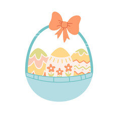 Basket with Easter eggs. Happy Easter, spring time. Vector illustration in flat style