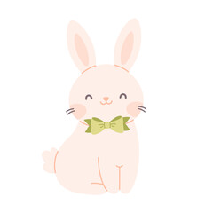 Cute white bunny with bow tie. Easter and spring character. Vector illustration in flat style