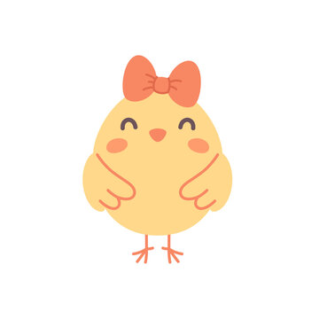 Cute little chicken with bow. Easter chick. Vector illustration in flat style