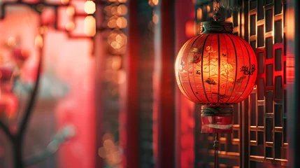 Schilderijen op glas red chinese lantern on the red wall background © EvhKorn