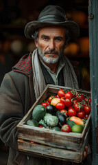 Fototapeta premium Portrait of a man with a wooden box full of fresh vegetables
