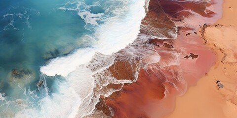 Obraz premium Aerial top view drom drone of a beautiful coastside waves sea ocean beach sand and surface. Relaxing vacation tourism deocrative promotion background scene