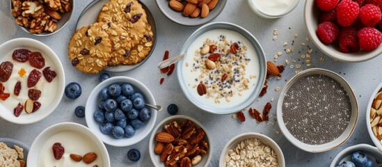 Variety of delicious cereals in colorful bowls displayed on a wooden table - obrazy, fototapety, plakaty