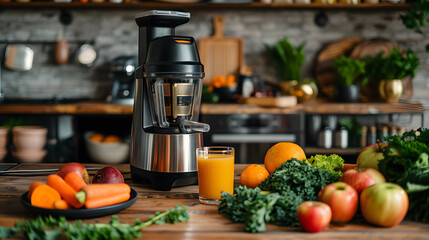 Fototapeta na wymiar Modern Juicer and Fresh Produce on Kitchen Counter