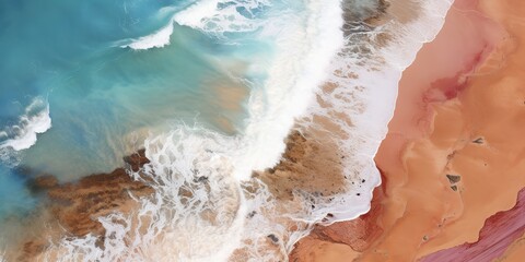 Aerial top view drom drone of a beautiful coastside waves sea ocean beach sand and surface. Relaxing vacation tourism deocrative promotion background scene