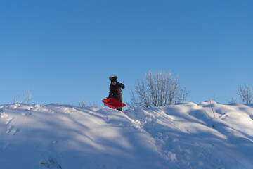 Little girl child sledding down a hill in winter.