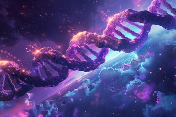 cosmic dna double helix over a space nebula background - obrazy, fototapety, plakaty