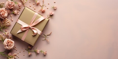 A brown gift box with a pink ribbon and pink roses on a pink background with an empty space on the right