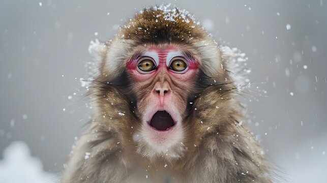 Snow Monkey in Winter Expressive Facial Features in Snowfall