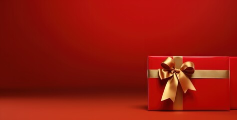 A red gift box with a gold ribbon on a red background