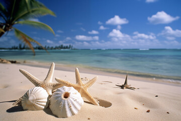 Fototapeta na wymiar Beach colorful . Sand, sea, ocean, shells, starfish, palm trees, beach houses. Rest, vacation, relaxation.