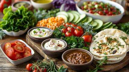 Colorful Assortment of Mediterranean Dishes on Wooden Table