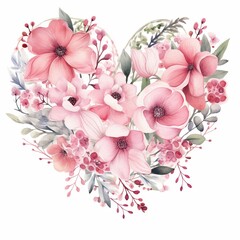 Watercolor heart framed by blossoming flowers, ideal for love-themed projects. Ideal for Valentine's Day, wedding invitations