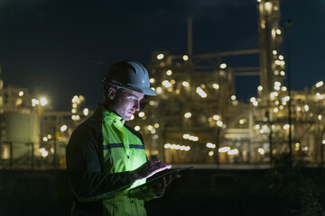 person work at night. People standing with using  Tablet check and control  plant.  engineer checking work on refinery , oil, gas Plant