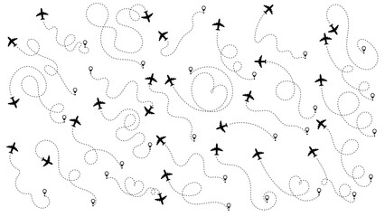Airplane or aeroplane routes path set. Travel concept from start point and dotted line tracing. Aircraft tracking, plane path, travel, map pins, location pins. Vector illustration. Zigzag road - obrazy, fototapety, plakaty