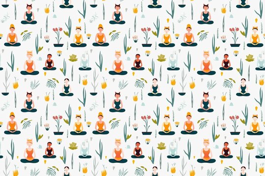 Seamless pattern of diverse people practicing yoga among plants