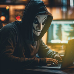 Mask while Hacker stealing data from laptop. Dark face. Blurred background.