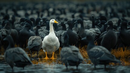 Stand out from the crowd concept White ducks stand out in a flock of black ducks.