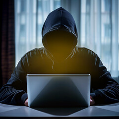 Hacker stealing data from laptop. Dark face. Blurred background.