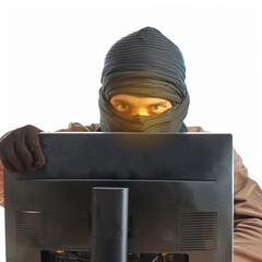 Internet Theft - a man wearing a balaclava holding  sat behind a laptop, white background.