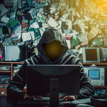 Hacker stealing data from laptop. Dark face. Blurred background.