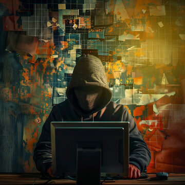 Hacker stealing data from laptop. Dark face. Blurred background.