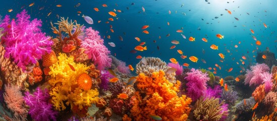 Fototapeta na wymiar Vibrant underwater world with diverse marine life swimming in a colorful coral reef habitat
