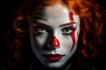 Scary circus worker with frightening facial make up Generative IA picture