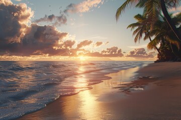 At sunset, a tropical island beach transforms into a breathtaking and idyllic scene, captivating with its beauty and tranquility