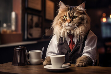 Generative AI image of cat barista in a coffee shop restaurant - Powered by Adobe