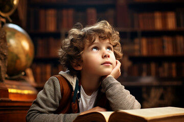 Generative AI photo of clever cute little child bookworm among the library shelves